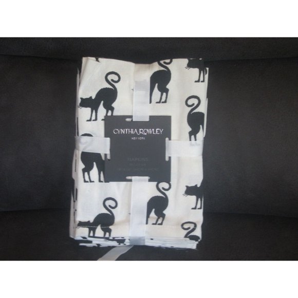Cynthia Rowley White w Black CATS Halloween Cotton 18" Napkins Set of 6 - Picture 1 of 2